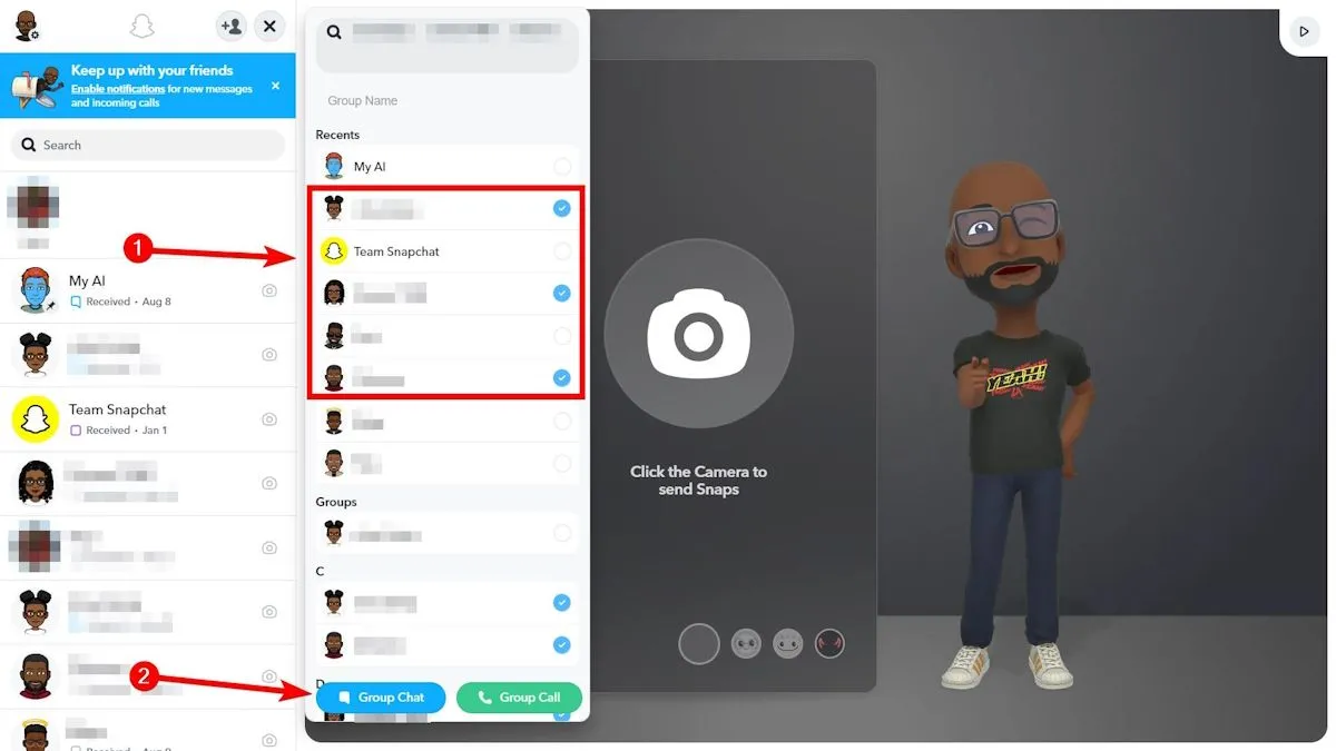 Giao diện tạo nhóm chat trên Snapchat Web, nơi người dùng chọn bạn bè để thêm vào nhóm.