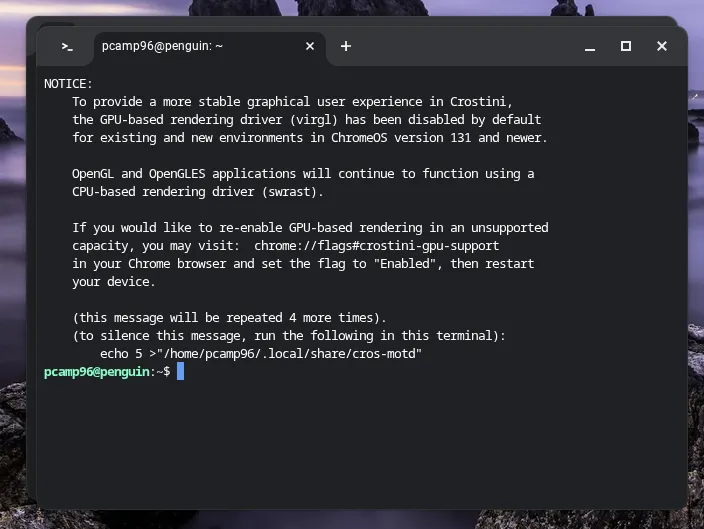 Giao diện terminal Linux được kích hoạt và sẵn sàng sử dụng trên Chromebook.