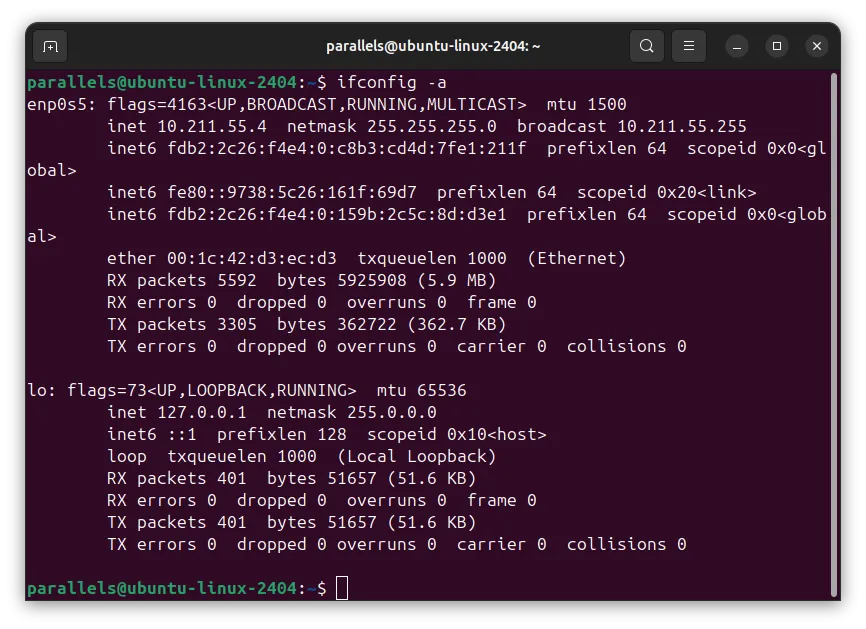 Giao diện terminal Ubuntu hiển thị kết quả lệnh ifconfig -a để kiểm tra địa chỉ IP