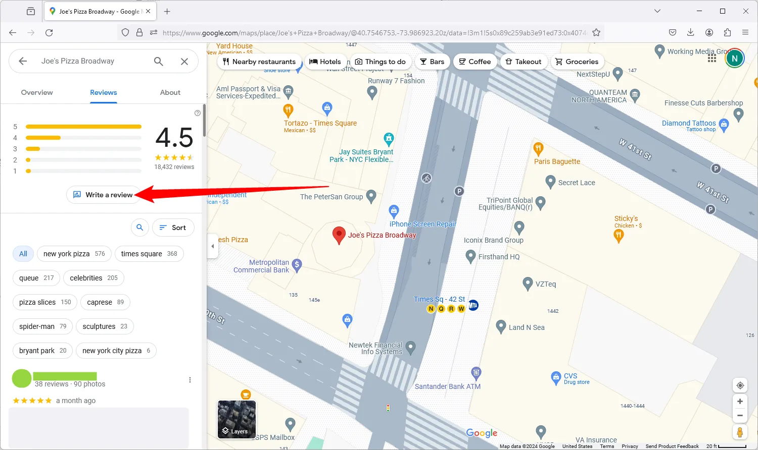 Giao diện thông tin địa điểm trên Google Maps, với tùy chọn &quot;Viết đánh giá&quot; (Write a Review) được khoanh vùng.