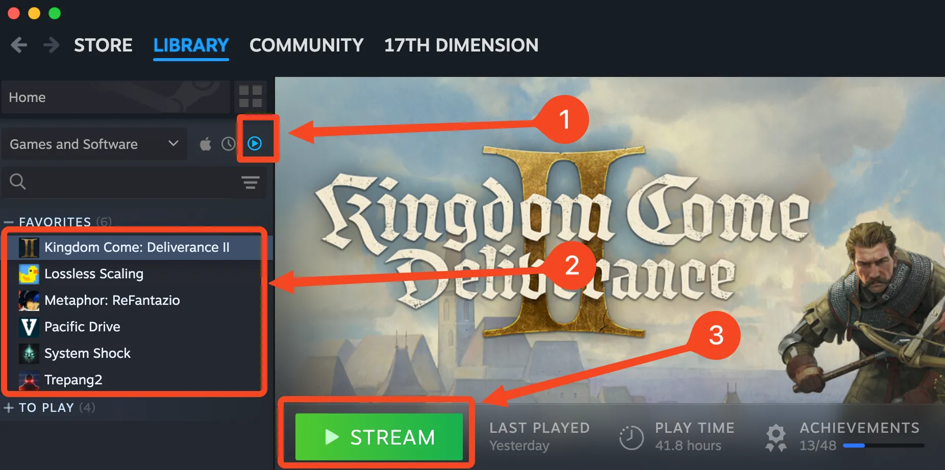 Giao diện Thư viện game Steam trên Mac hiển thị nút Stream
