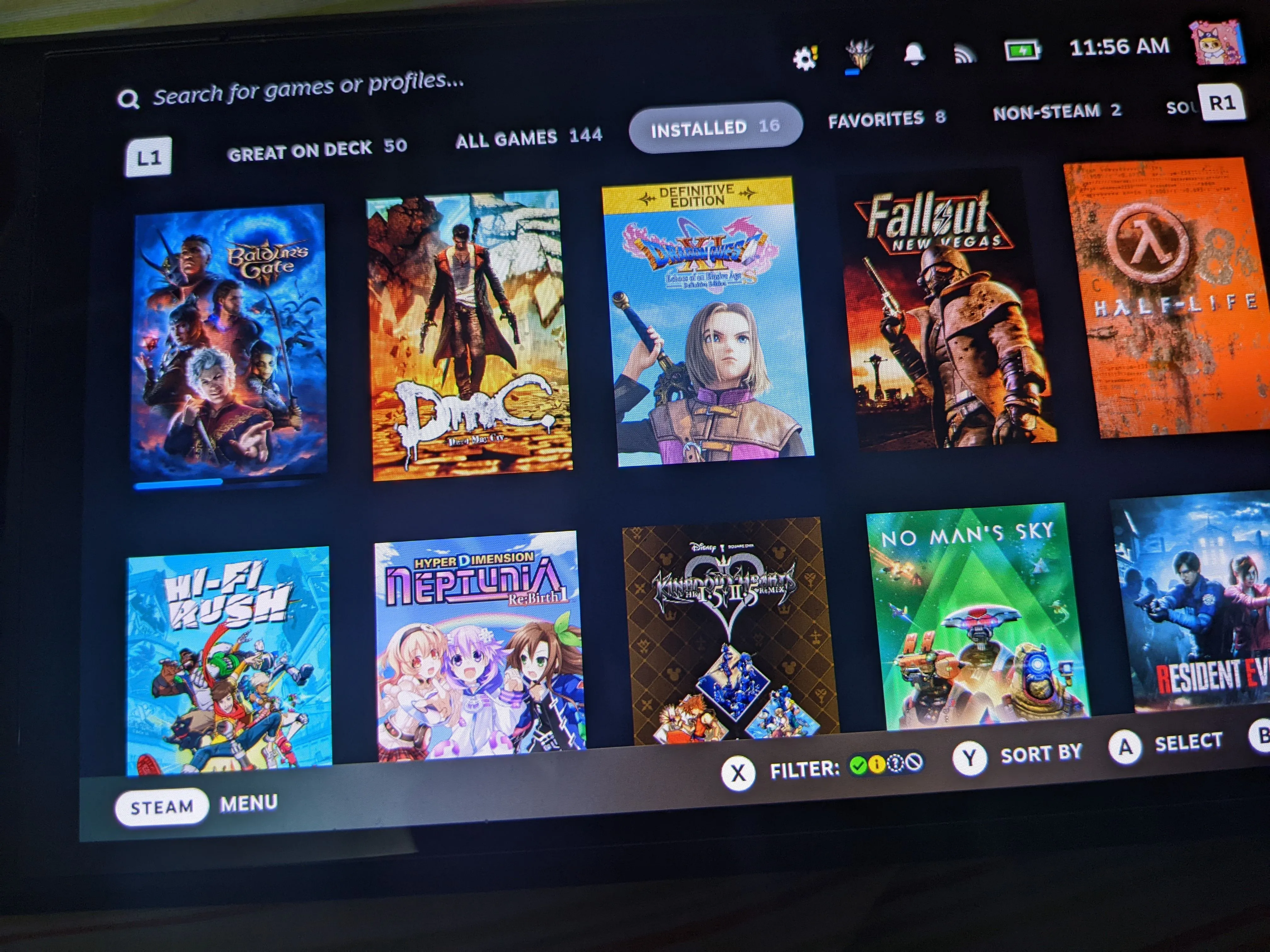 Giao diện thư viện game Steam trên Steam Deck, minh họa cho việc truy cập game.