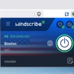 Giao diện tiện ích mở rộng VPN Windscribe trên trình duyệt, hiển thị trạng thái kết nối và các tùy chọn cài đặt.