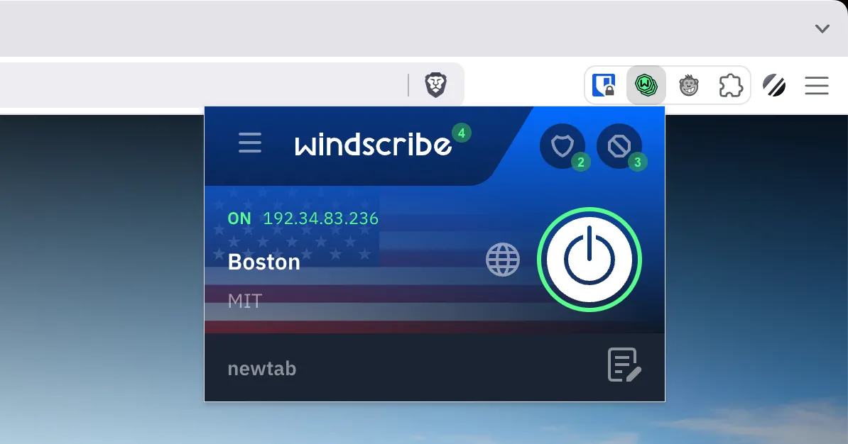 Giao diện tiện ích mở rộng VPN Windscribe trên trình duyệt, hiển thị trạng thái kết nối và các tùy chọn cài đặt.