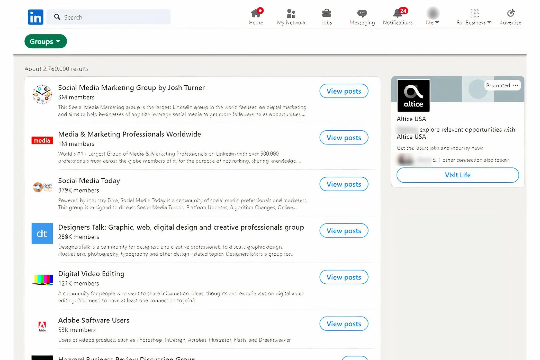 Giao diện tìm kiếm nhóm trên LinkedIn, hiển thị các chủ đề và cộng đồng khác nhau