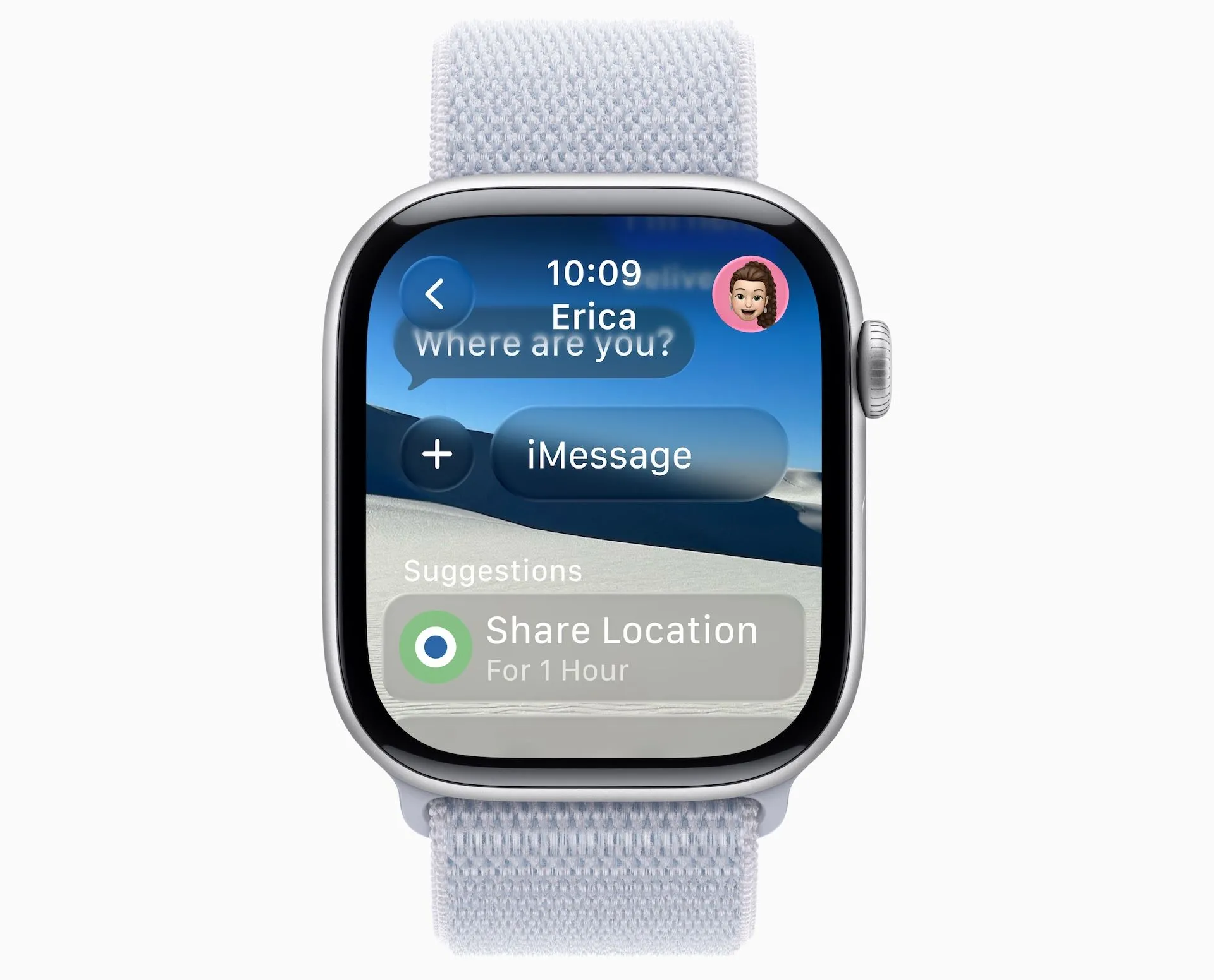 Giao diện Tin nhắn trên Apple Watch với hình nền tùy chỉnh, minh họa thiết kế Liquid Glass của watchOS 26