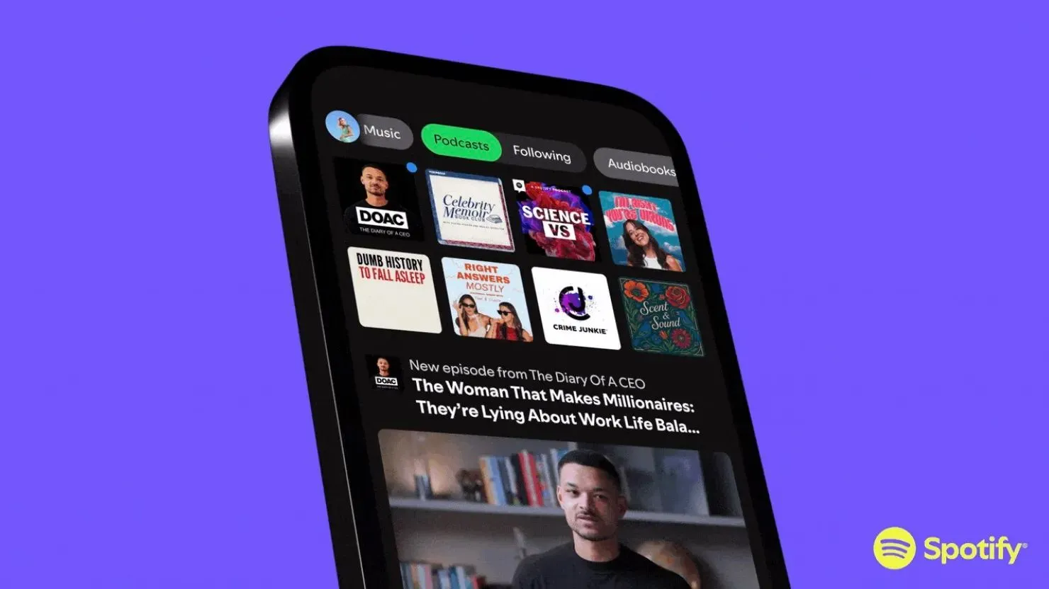 Giao diện tính năng 'Đang theo dõi' mới của Spotify giúp người dùng dễ dàng cập nhật các tập podcast mới nhất từ những chương trình đã đăng ký