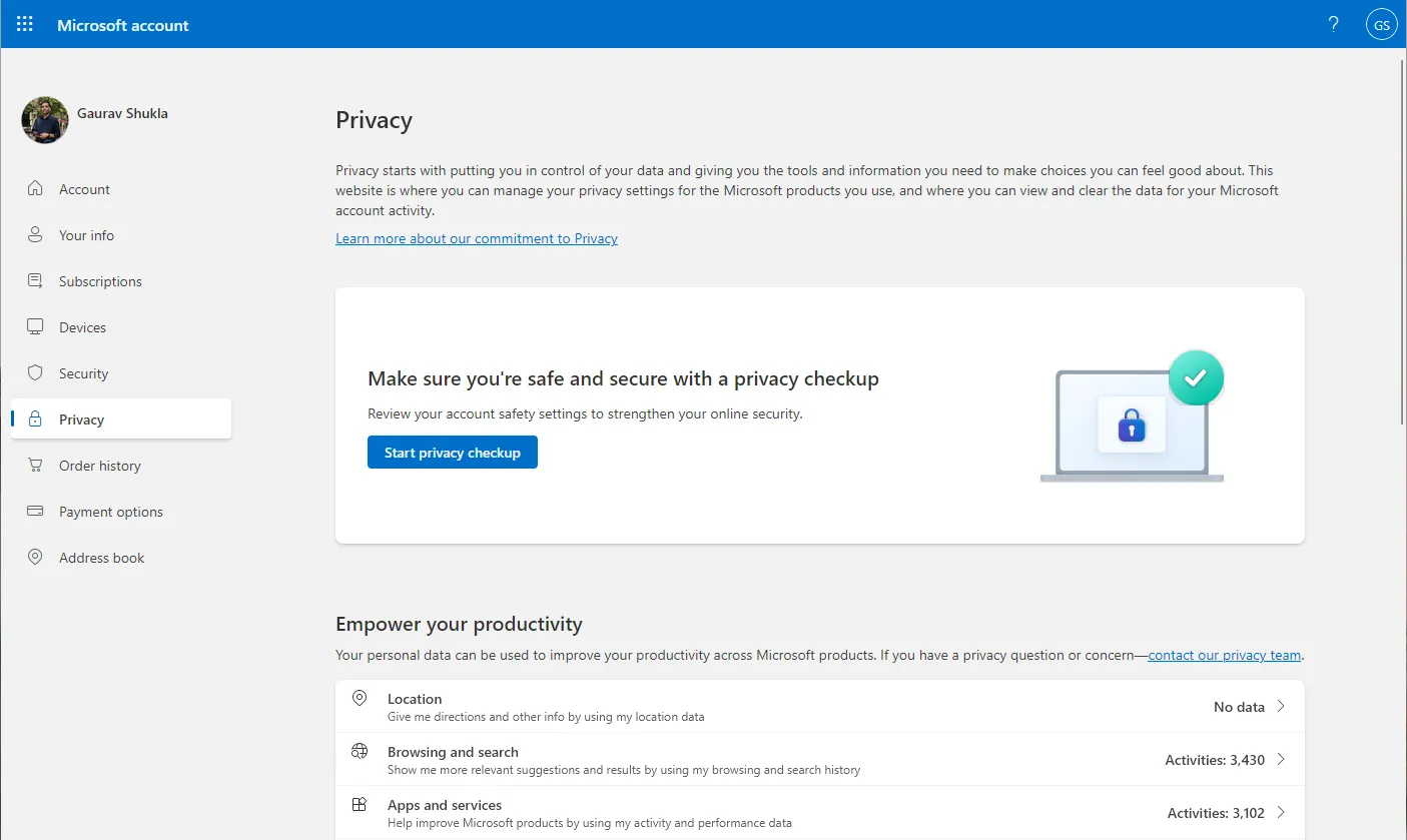 Giao diện tổng quan của Microsoft Privacy Dashboard, nơi hiển thị các tùy chọn quản lý quyền riêng tư.