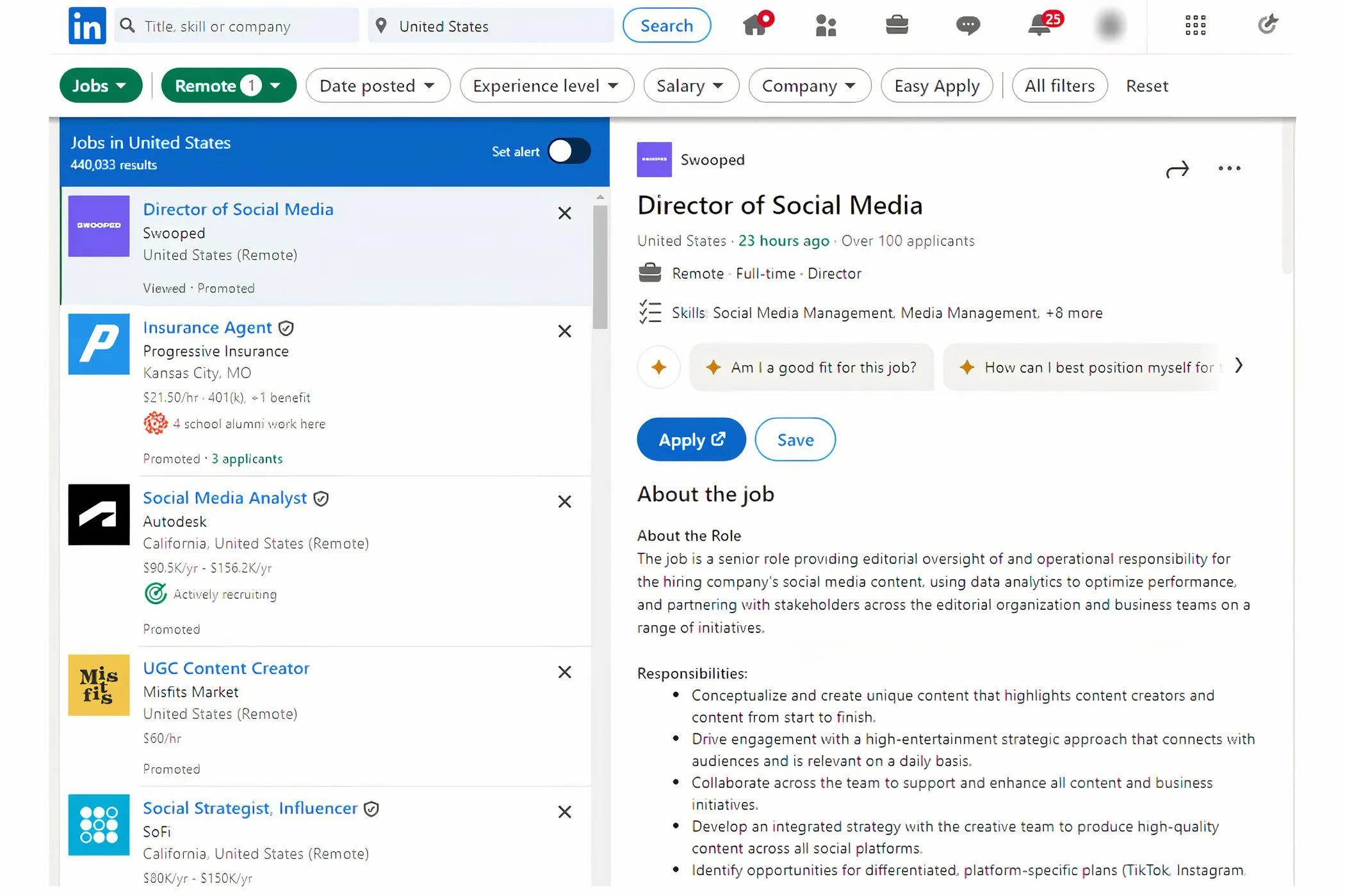 Giao diện trang tìm kiếm việc làm trên LinkedIn với các tùy chọn lọc