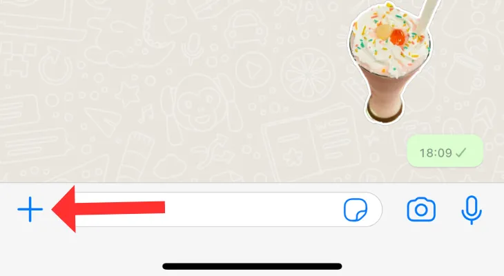 Giao diện trò chuyện WhatsApp trên iPhone với biểu tượng đính kèm ảnh được khoanh tròn