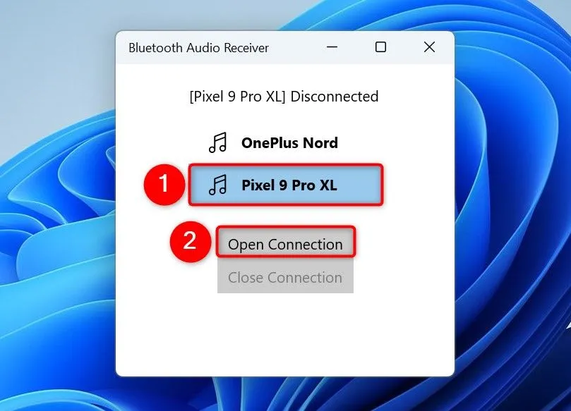 Giao diện ứng dụng Bluetooth Audio Receiver hiển thị thiết bị Bluetooth đã chọn và nút &quot;Mở kết nối&quot;