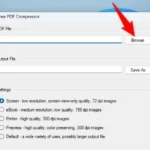 Giao diện ứng dụng Free PDF Compressor, đang chọn tệp PDF nguồn để nén