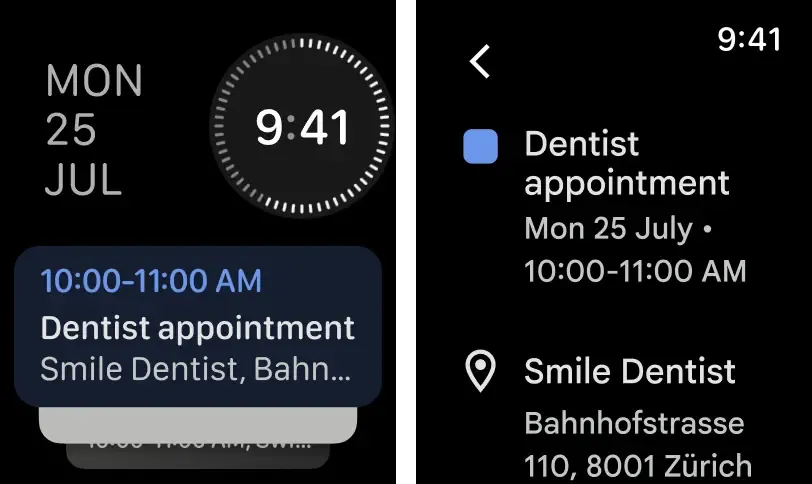 Giao diện ứng dụng Lịch Google trên Apple Watch hiển thị các sự kiện sắp tới theo dạng thẻ màu sắc.