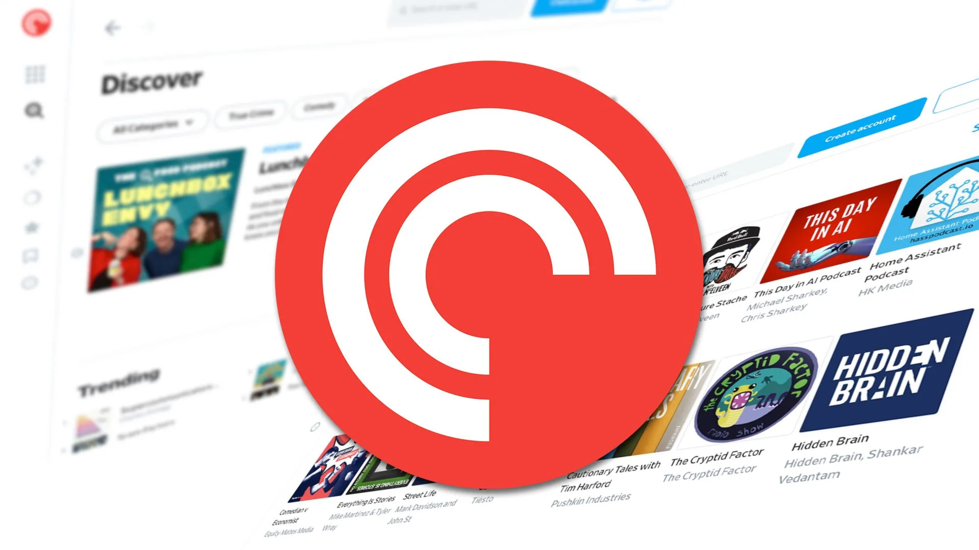 Giao diện ứng dụng Pocket Casts trên trình duyệt web hiển thị danh sách các podcast và tùy chọn phát