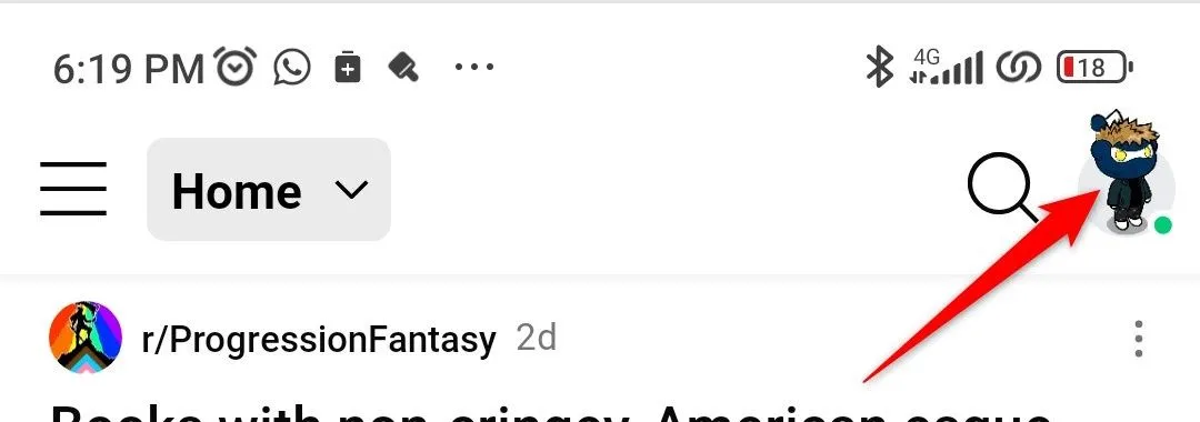 Giao diện ứng dụng Reddit hiển thị biểu tượng hồ sơ