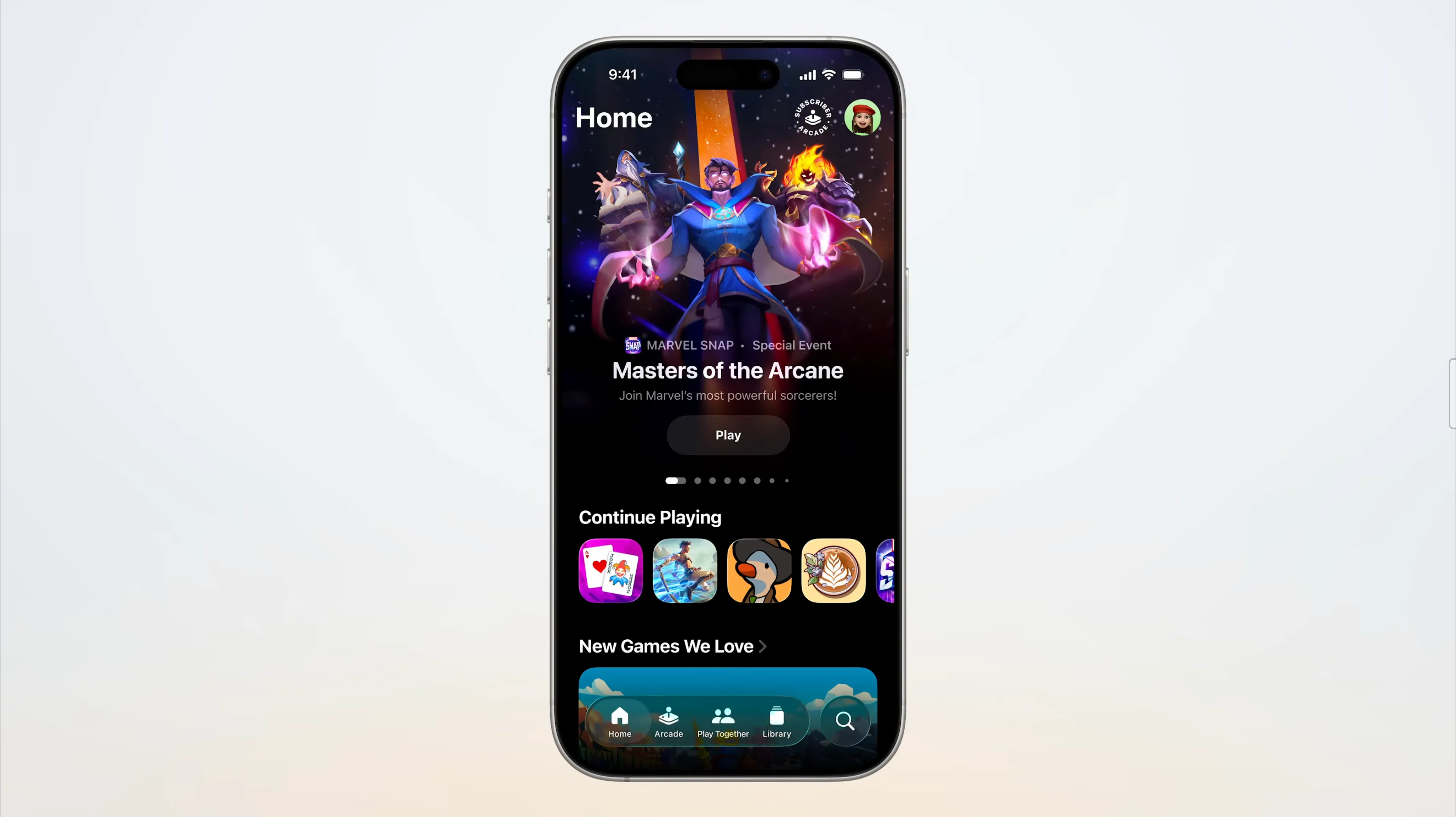 Giao diện ứng dụng Trò chơi (Games) hoàn toàn mới trên iOS 26, tích hợp Apple Arcade và tính năng xã hội.