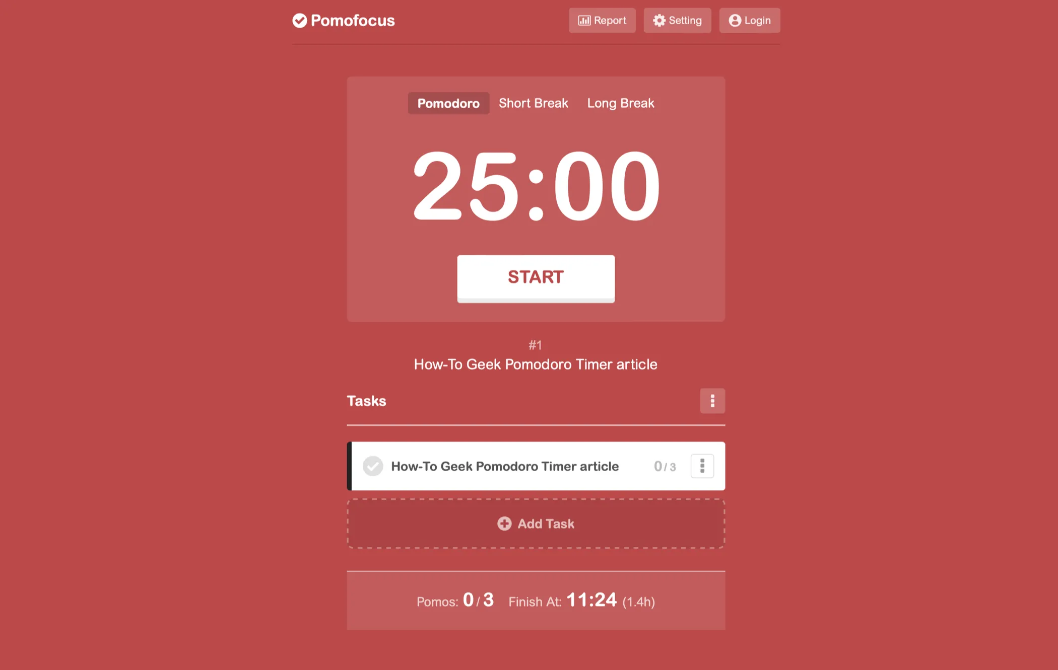 Giao diện website Pomofocus hiển thị bộ đếm thời gian Pomodoro và danh sách công việc