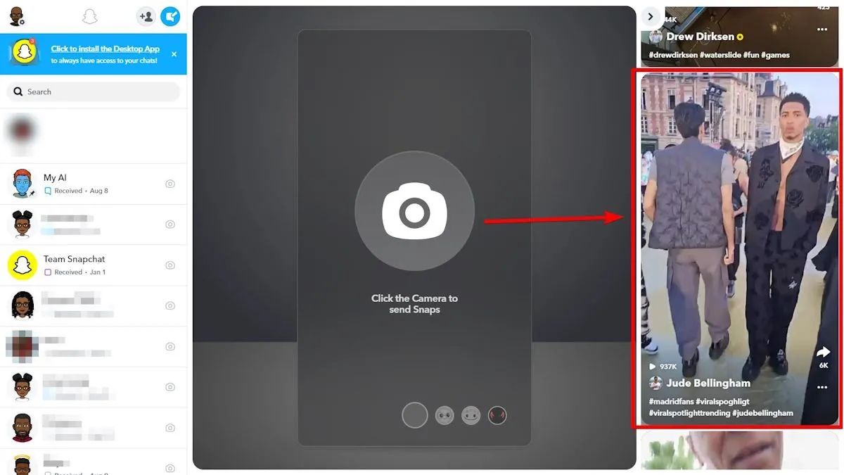 Giao diện xem Spotlight Snaps trên Snapchat Web, hiển thị nội dung Snap và cách điều hướng.