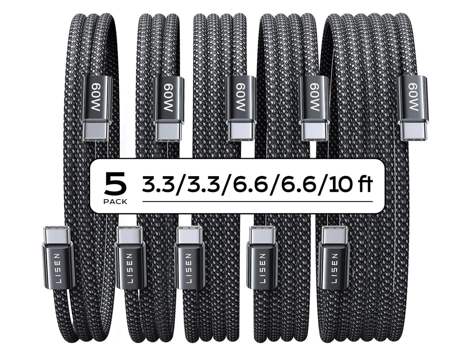Gói 5 cáp USB-C Lisen 60W PD đa độ dài