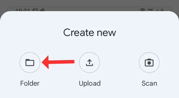 Google Drive với mũi tên chỉ vào tùy chọn Thư mục