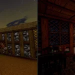 Hai ảnh chụp màn hình game Daggerfall Unity, mô tả một kỵ sĩ trên ngựa và một nhân vật trong phòng