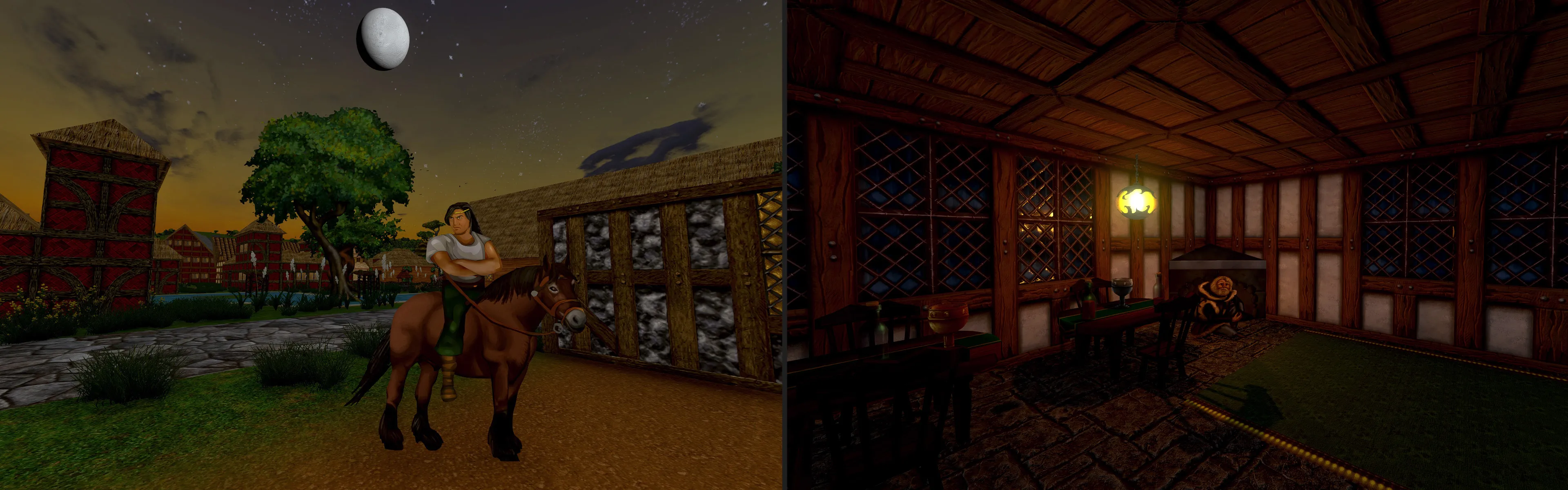Hai ảnh chụp màn hình game Daggerfall Unity, mô tả một kỵ sĩ trên ngựa và một nhân vật trong phòng