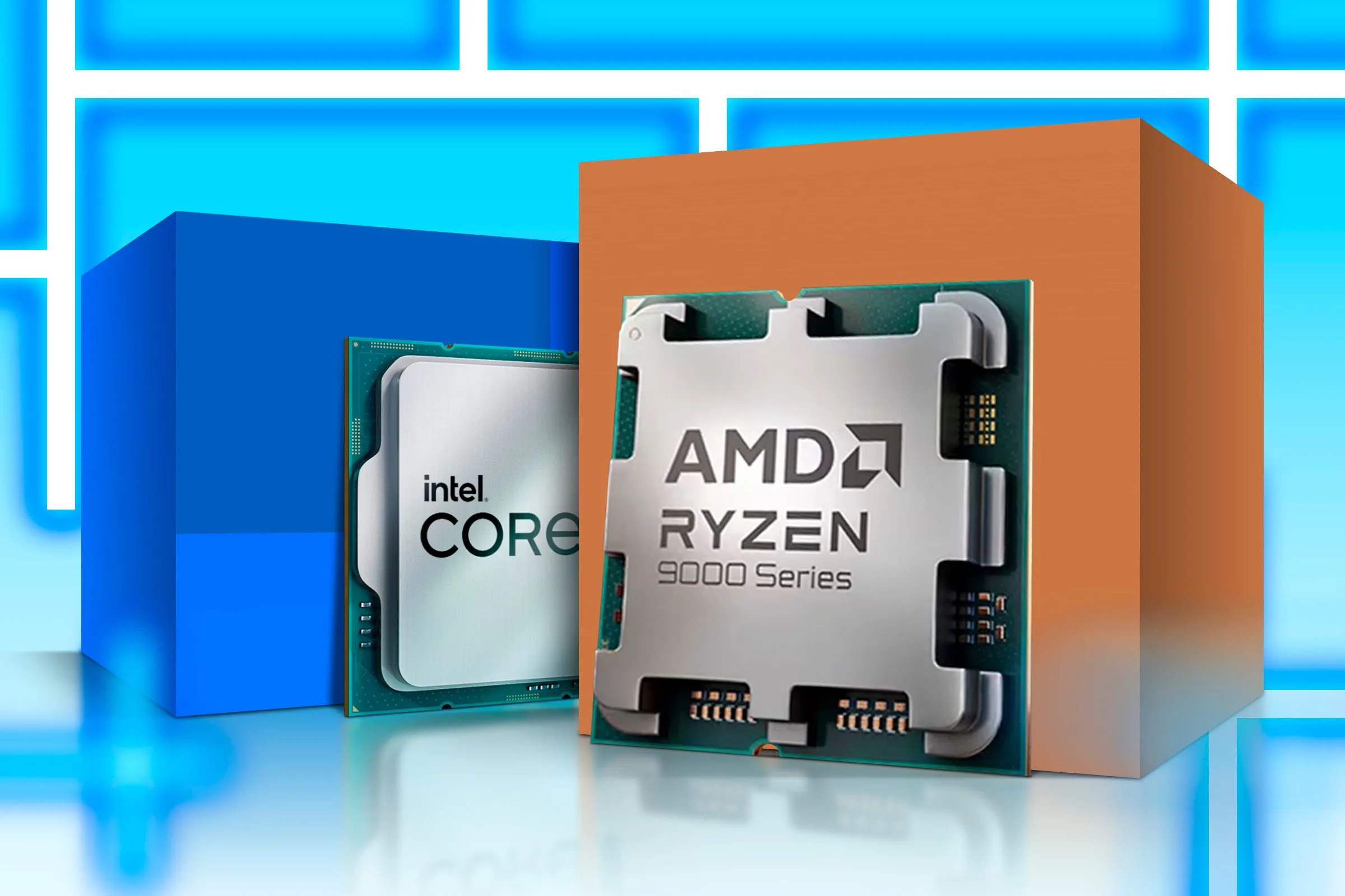 Hai bộ vi xử lý (CPU) từ Intel và AMD đặt cạnh nhau, minh họa cho sự đa dạng và cạnh tranh tích cực trên thị trường CPU hiện nay.