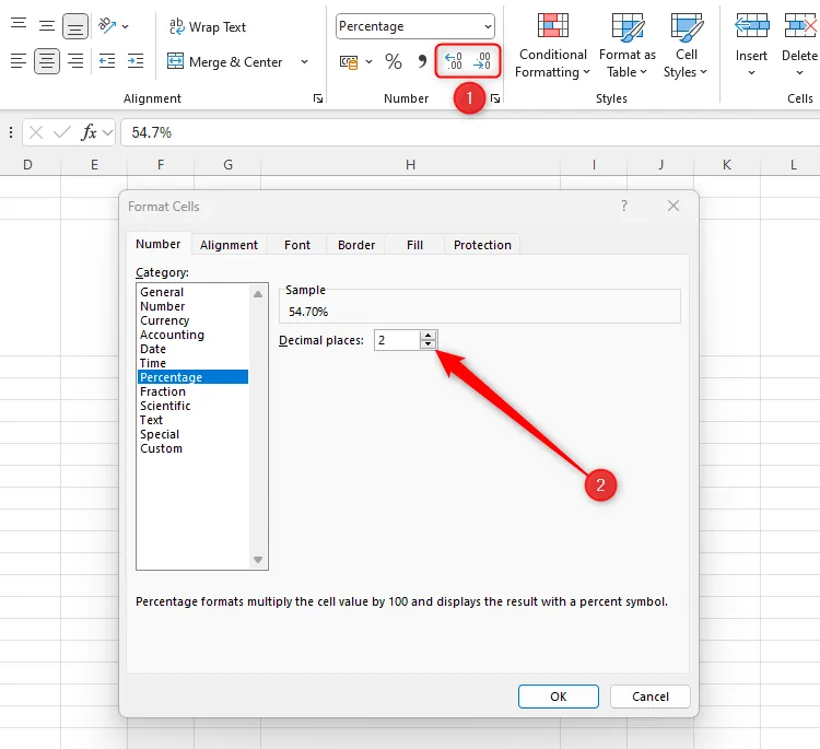 Hai cách điều chỉnh số chữ số thập phân cho định dạng phần trăm trong Excel