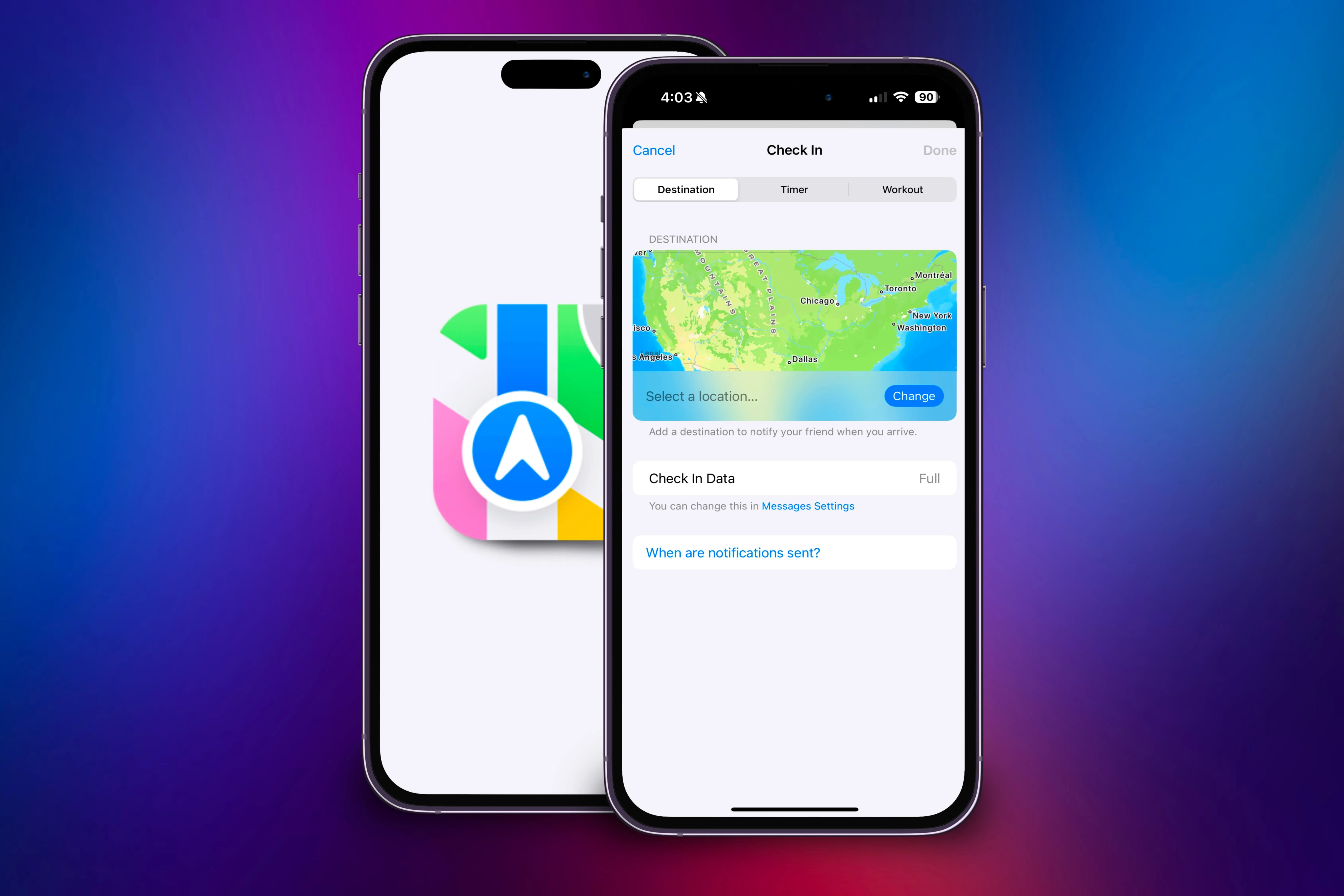 Hai chiếc iPhone cho thấy việc nhập địa chỉ thủ công trong Check In và biểu tượng Apple Maps
