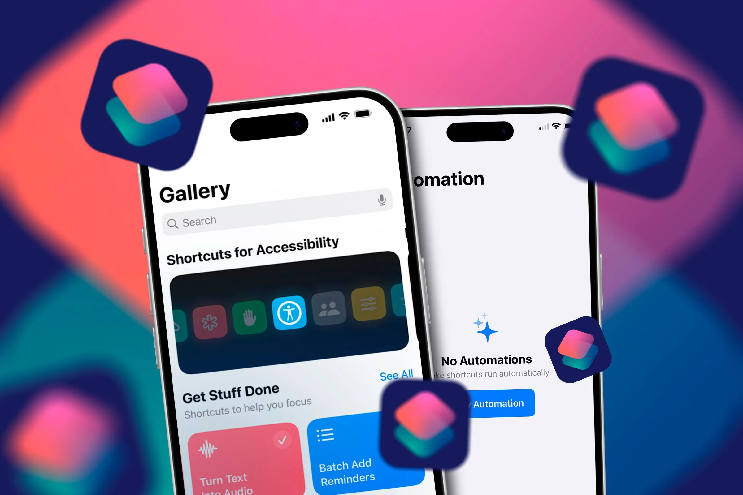 Hai chiếc iPhone hiển thị màn hình ứng dụng Phím tắt, minh họa cho khả năng sáng tạo không giới hạn với tự động hóa.