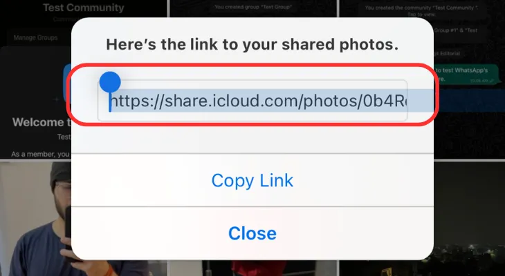 Hiển thị liên kết để chia sẻ hình ảnh đã tải lên iCloud