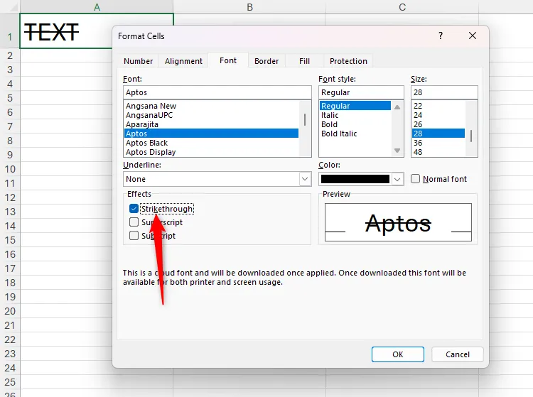 Hiệu ứng gạch ngang chữ được kích hoạt trong hộp thoại Format Cells của Excel bằng phím tắt Alt + K, minh họa điều hướng bằng bàn phím.