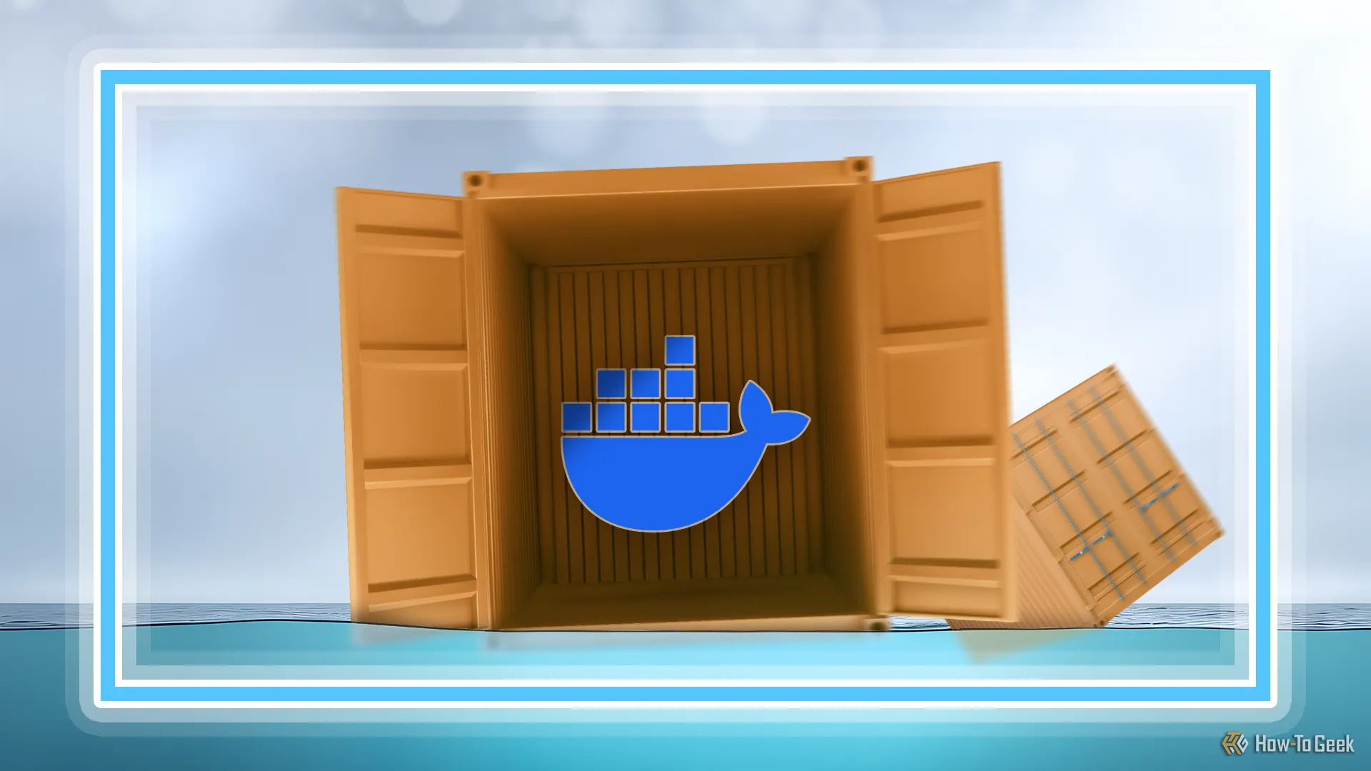 Hình ảnh container biểu tượng của Docker nổi trên biển, minh họa cho khả năng quản lý nhiều dịch vụ độc lập