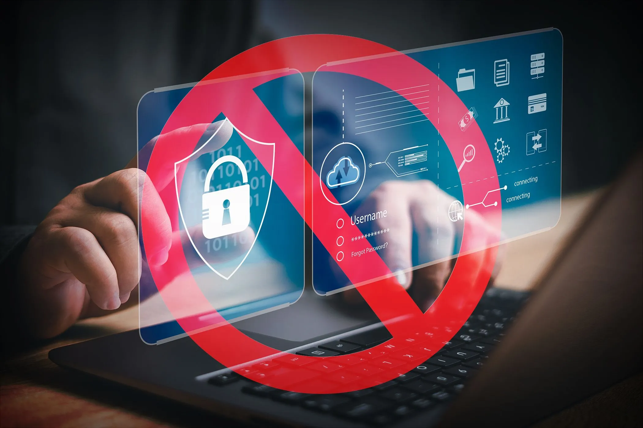 Hình ảnh đôi tay gõ bàn phím laptop với biểu tượng cấm màu đỏ che phủ các biểu tượng bảo mật, minh họa việc bảo vệ quyền riêng tư và dữ liệu cá nhân khi ngừng sử dụng mạng xã hội.