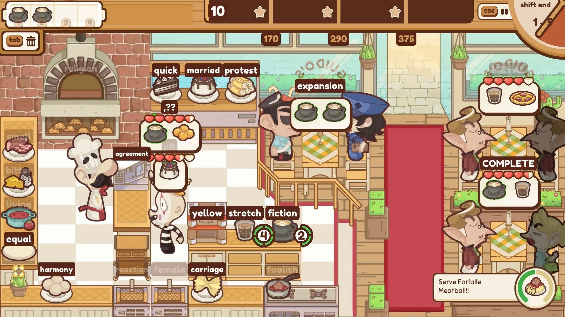 Hình ảnh gameplay The Chef's Shift, mô phỏng hoạt động quản lý nhà hàng bằng cách gõ phím.