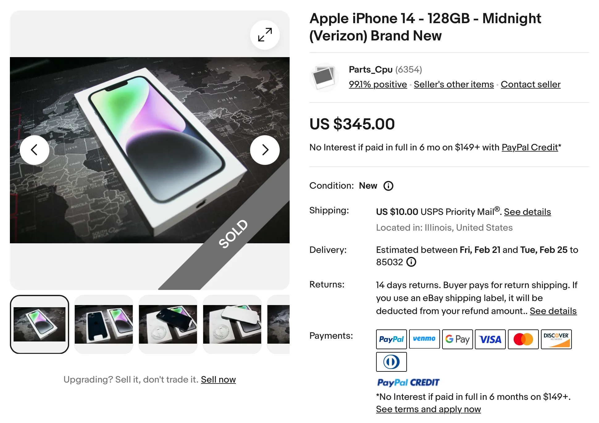 Hình ảnh một chiếc iPhone 14 màu đen đã được bán trên eBay, cho thấy khả năng tìm được máy cũ giá tốt.