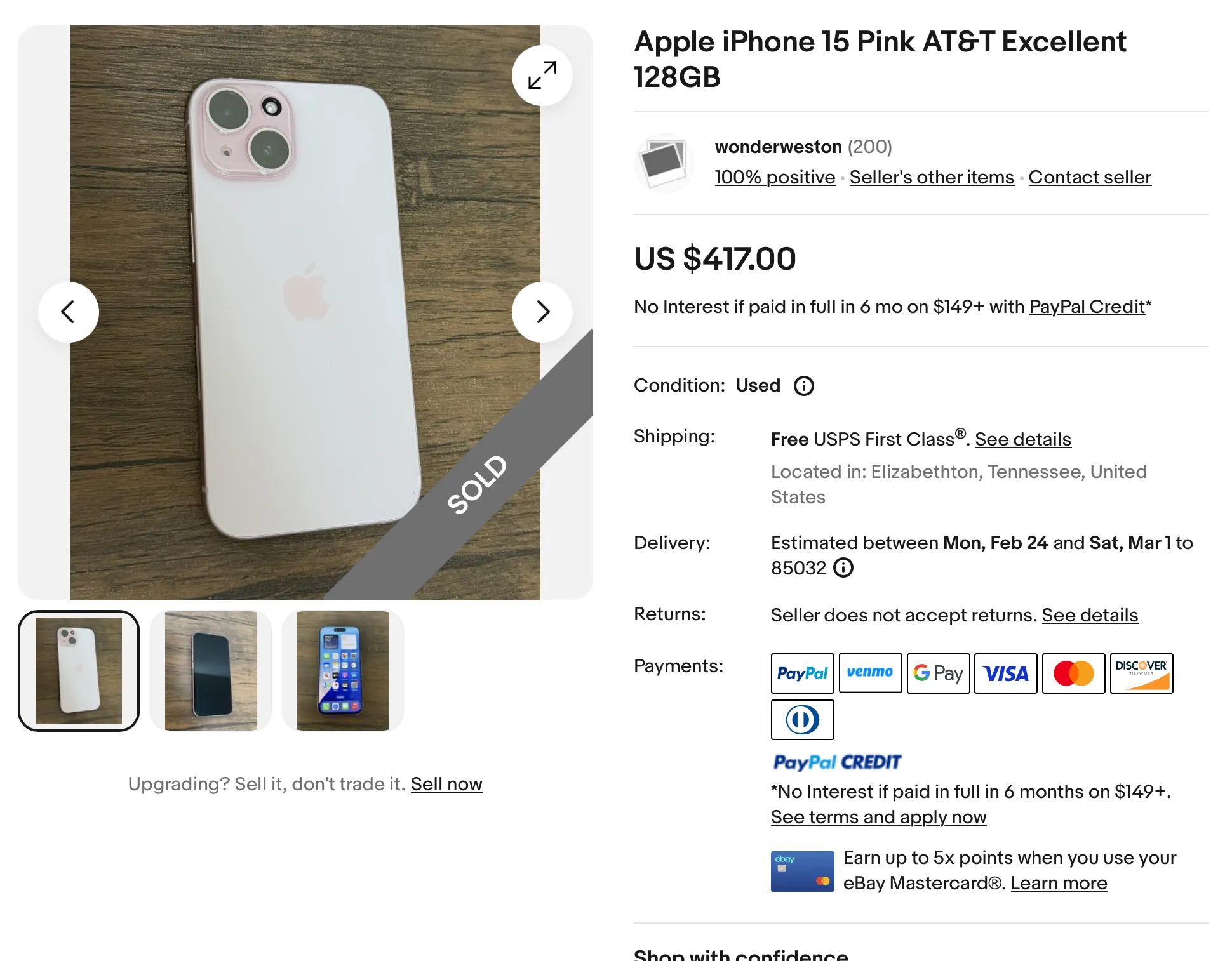 Hình ảnh một chiếc iPhone 15 màu hồng đã được bán trên eBay, minh họa lựa chọn mua iPhone cũ.