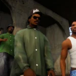 Hình ảnh nhóm nhân vật Grove Street trong Grand Theft Auto San Andreas Definitive Edition, minh họa sự thoải mái khi khám phá thế giới game ở chế độ dễ