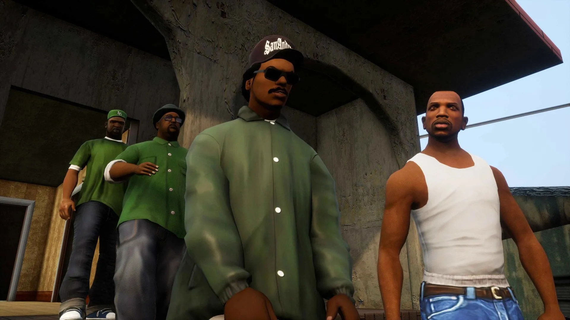 Hình ảnh nhóm nhân vật Grove Street trong Grand Theft Auto San Andreas Definitive Edition, minh họa sự thoải mái khi khám phá thế giới game ở chế độ dễ