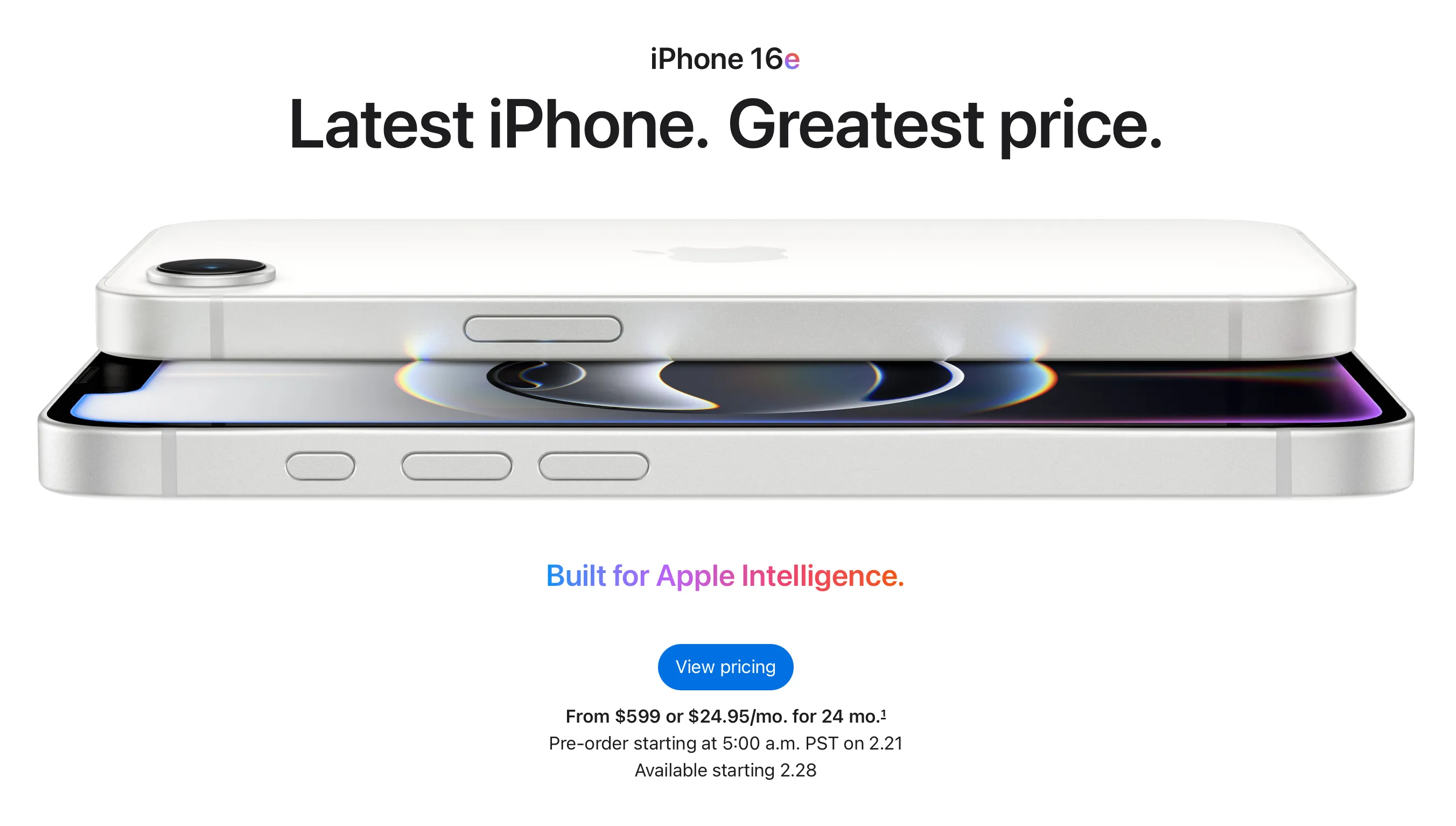 Hình ảnh quảng cáo cho iPhone 16e, thể hiện thiết kế tổng thể của thiết bị.