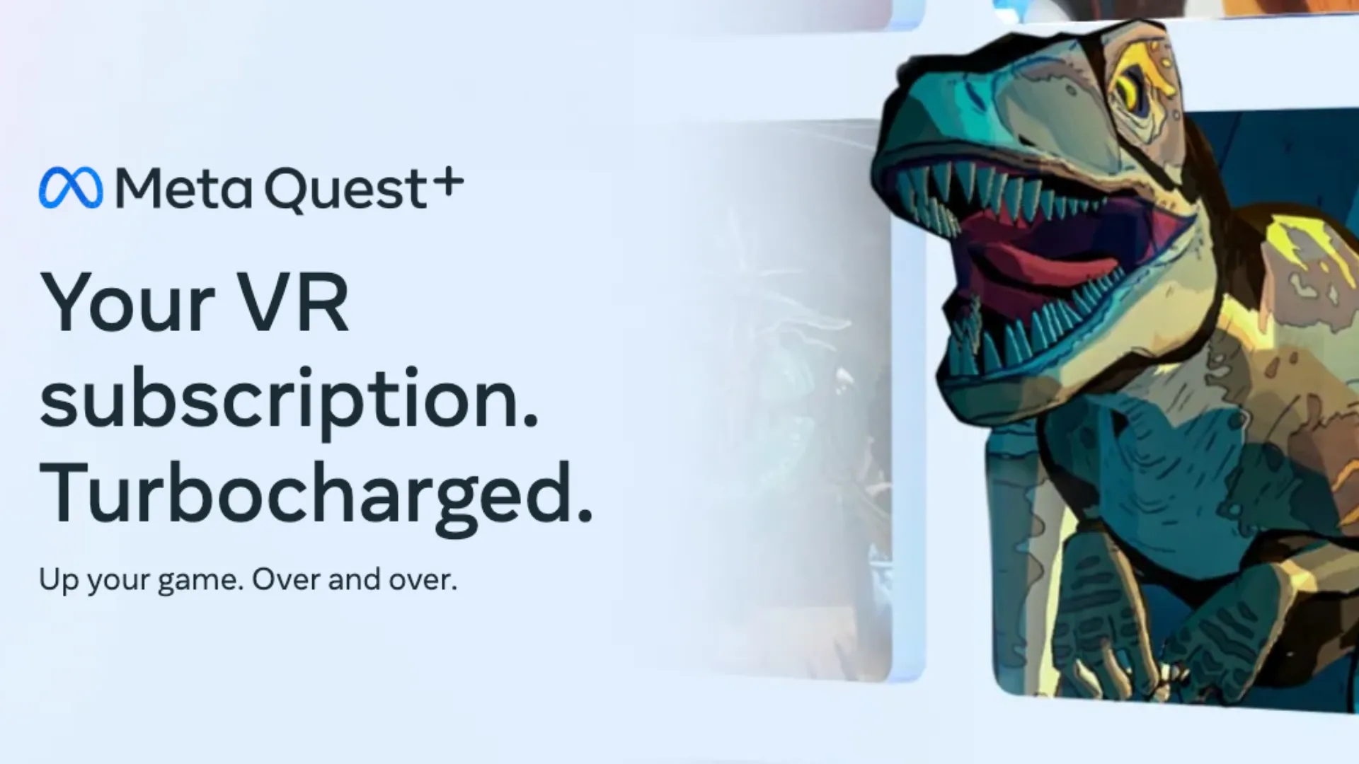 Hình ảnh quảng cáo dịch vụ Meta Quest+ với đồ họa khủng long T. Rex, biểu tượng cho thư viện game VR