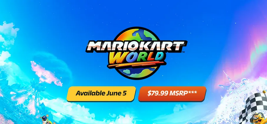 Hình ảnh quảng cáo game Mario Kart World cho Nintendo Switch 2 với giá 79.99 USD