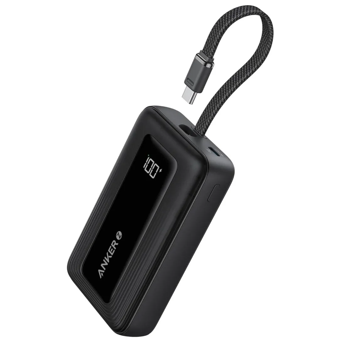 Hình ảnh sạc dự phòng Anker Zolo 10K màu xanh với cáp USB-C tích hợp và màn hình hiển thị pin