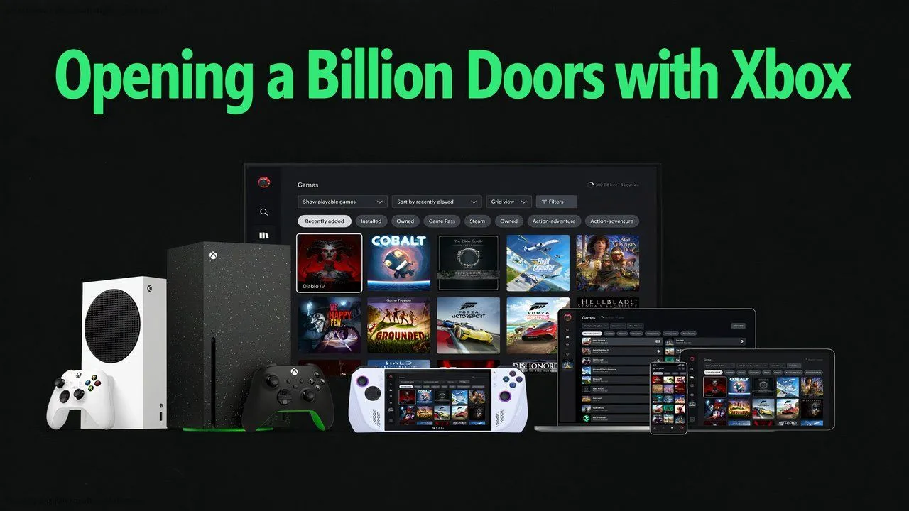 Hình ảnh tập hợp các thiết bị có thể chơi hoặc truyền phát game Xbox, thể hiện tầm nhìn &quot;mọi màn hình là Xbox&quot;
