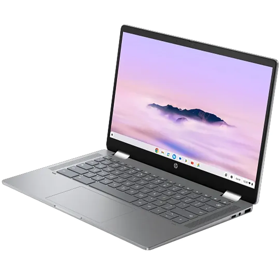 Hình ảnh toàn cảnh HP Chromebook Plus x360 14b, minh họa thiết bị phù hợp chạy Linux.