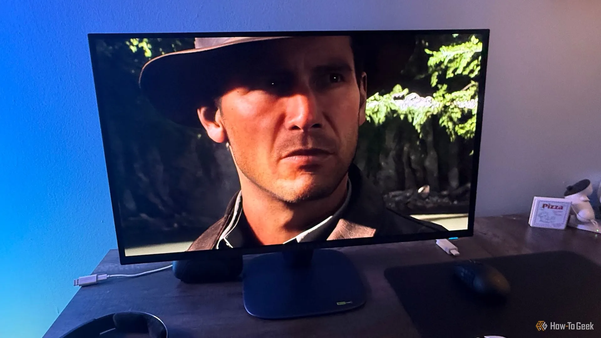 Hình ảnh trong game Indiana Jones được hiển thị trên màn hình Alienware 27 4K QD-OLED (AW2725Q) với chất lượng hình ảnh tuyệt đẹp, minh họa trải nghiệm chơi game HDR