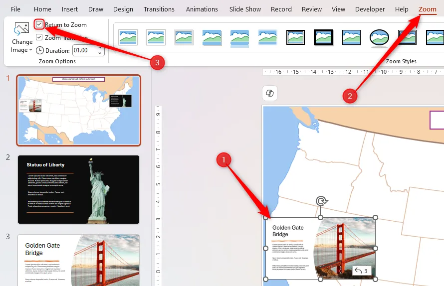 Hình thu nhỏ của slide chi tiết được chọn trong PowerPoint, và tùy chọn &quot;Return To Zoom&quot; trong thẻ &quot;Zoom&quot; đã được đánh dấu chọn để quay lại slide tổng quan sau khi xem.