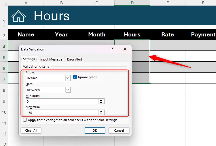 Hộp thoại &quot;Data Validation&quot; trong Microsoft Excel được cấu hình để giới hạn kiểu nhập liệu là số thập phân nằm trong khoảng từ 0 đến 160, đảm bảo tính chính xác của dữ liệu.