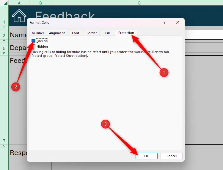 Hộp thoại &quot;Format Cells&quot; trong Excel với tab &quot;Protection&quot; được chọn và tùy chọn &quot;Locked&quot; đã được đánh dấu, áp dụng cho tất cả các ô trong bảng tính để bảo vệ chúng.