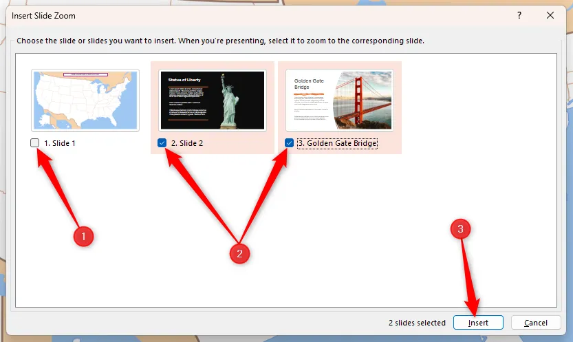 Hộp thoại &quot;Insert Slide Zoom&quot; trong PowerPoint, hiển thị các slide chi tiết (slide 2 và 3) đã chọn và nút &quot;Insert&quot; được làm nổi bật để chèn vào slide tổng quan.